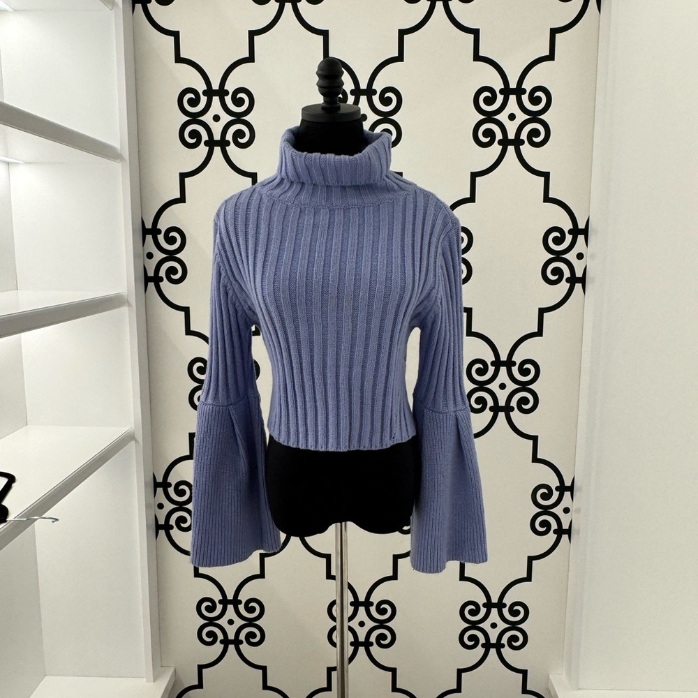 Light blue long sleeve turtleneck sweater.